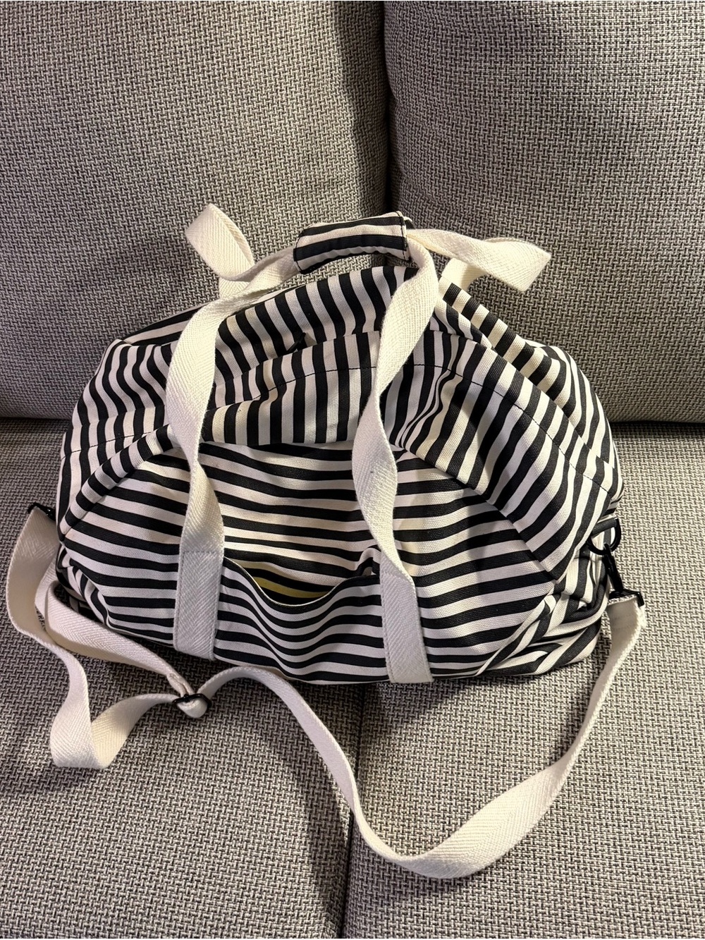 kate spade Black and White Striped SATURDAY Travel Bag with Cream Straps